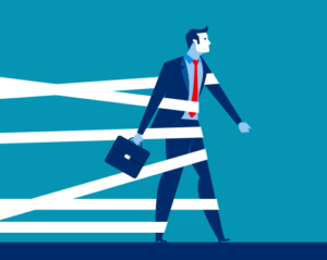 illustration of man in business suit being held back by white tape 